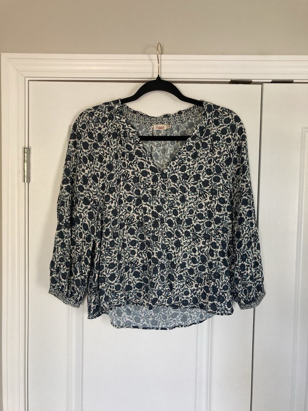 Faherty Womenās Size Small Indian Floral Block Print Peasant Blouse Boho